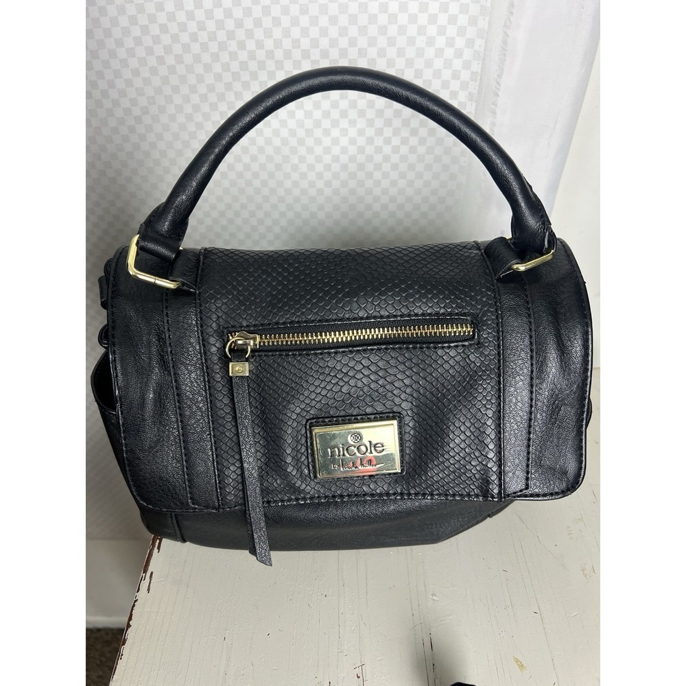 Nicole Miller Black Vegan Leather Hand Satchel Bag Snake Skin Pink Lining
